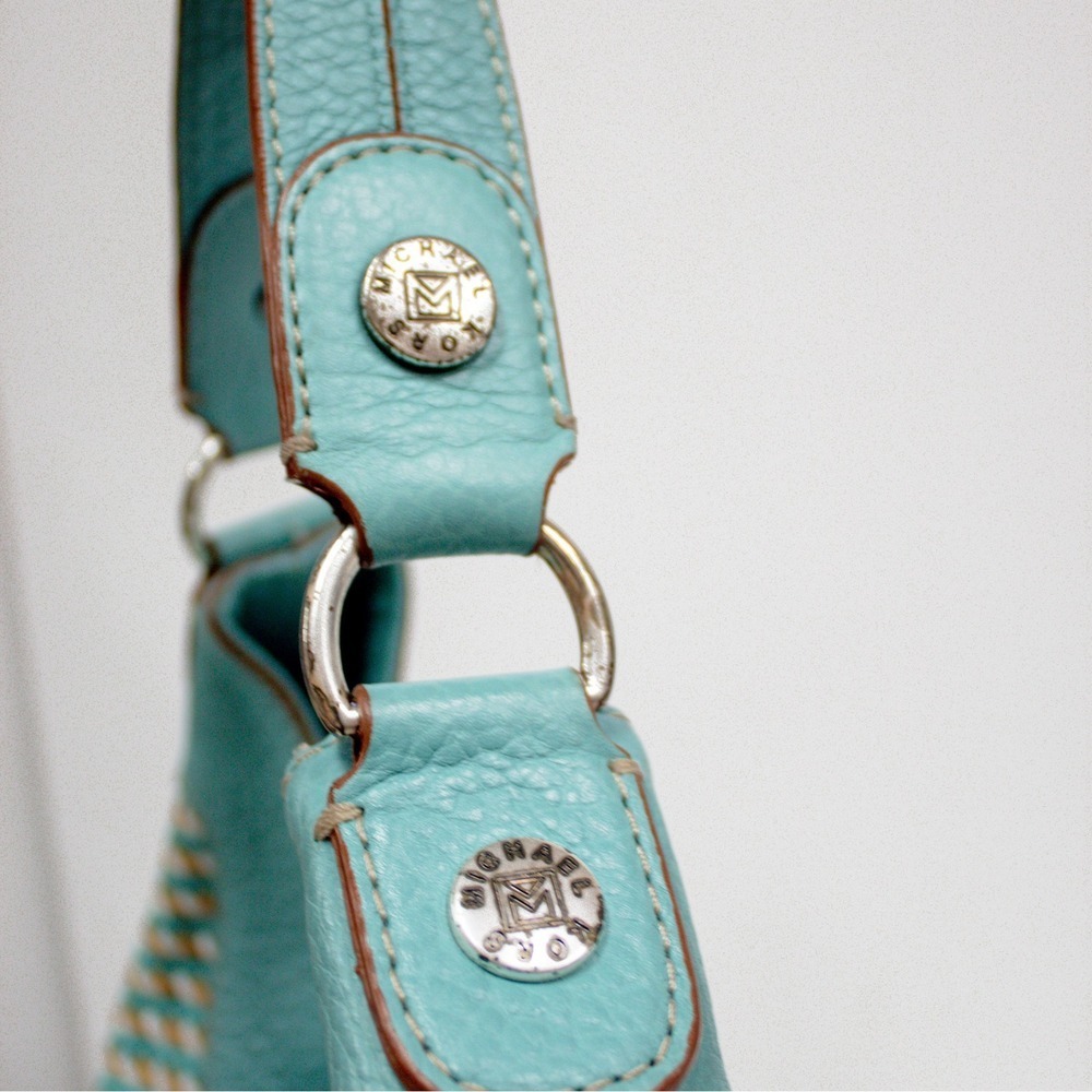 Vintage Michael Kors Hobo Shoulder Bag Woven Turquoise Leather Purse & Dust Bag - Picture 7 of 14